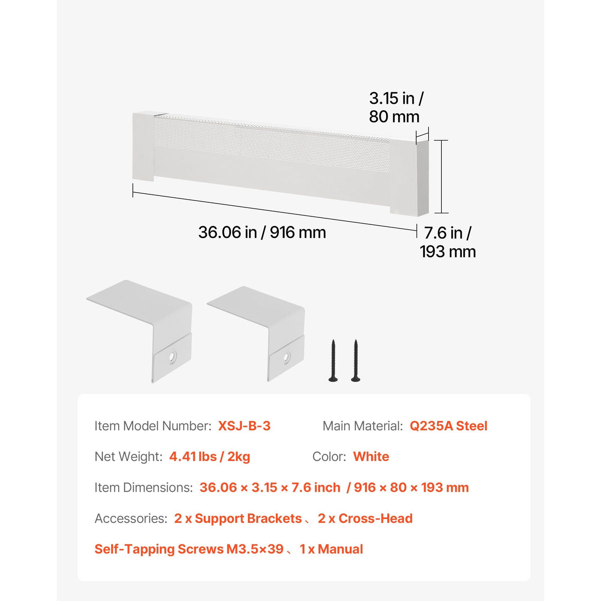 Baseboard Heater Covers, Basic Series 3 ft Standard Electric Heating Unit Front Cover for Home Improvement, Heavy-duty Steel, Easy Installation for Bedroom Replacing Old Cover, White