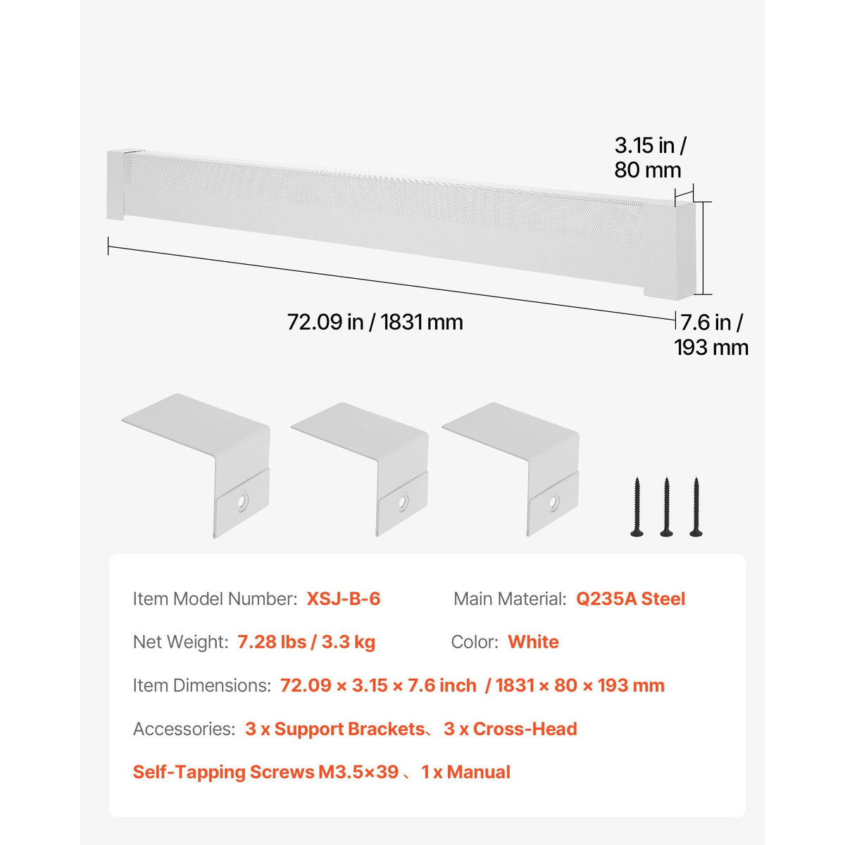 Baseboard Heater Covers, Basic Series 6 ft Standard Electric Heating Unit Front Cover for Home Improvement, Heavy-duty Steel, Easy Installation for Bedroom Replacing Old Cover, White