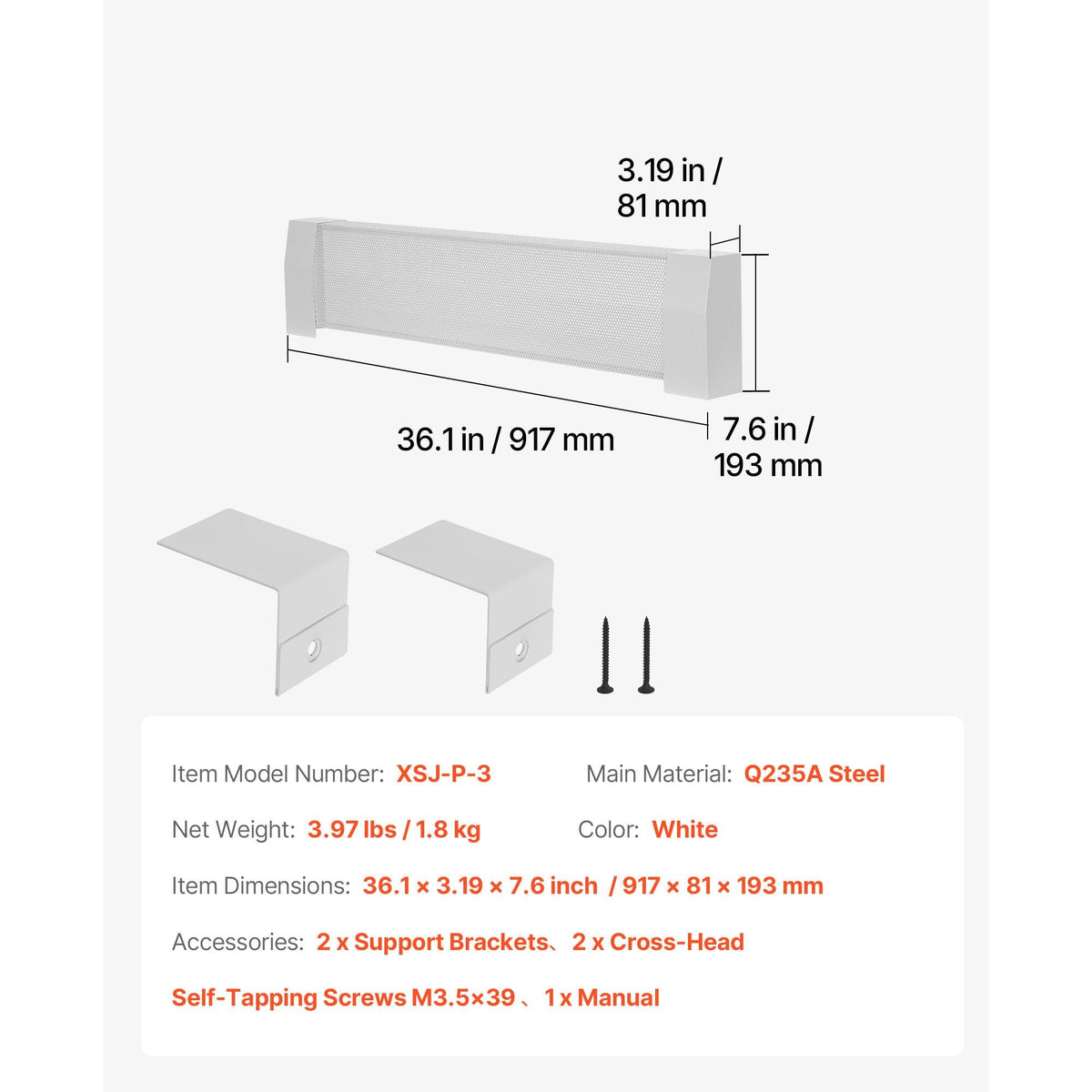 Baseboard Heater Covers, Premium Series 3 ft Standard Electric Heating Unit Front Cover for Home Improvement, Heavy-duty Steel, Easy Installation for Bedroom Replacing Old Cover, White