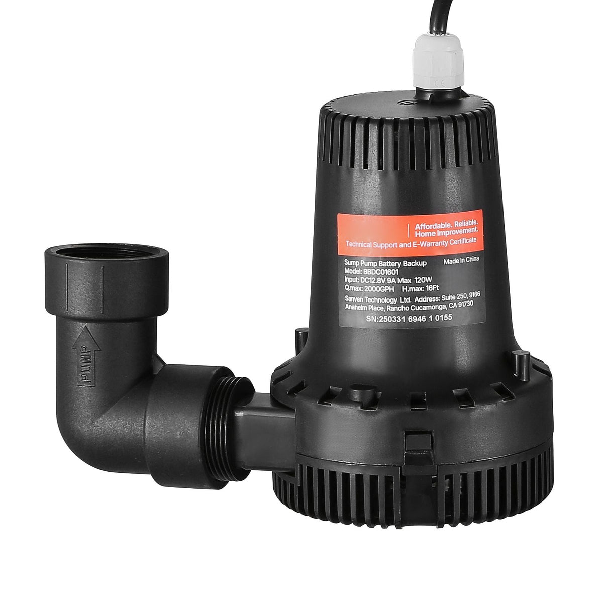 Basement Emergency Back-Up Sump Pump, 2000GPH 0.17 HP Backup Sump Pump System, with 15V Adapter, Float Switch, 24-Hour-a-Day Monitoring Controller, Alerts, and Charger, Black