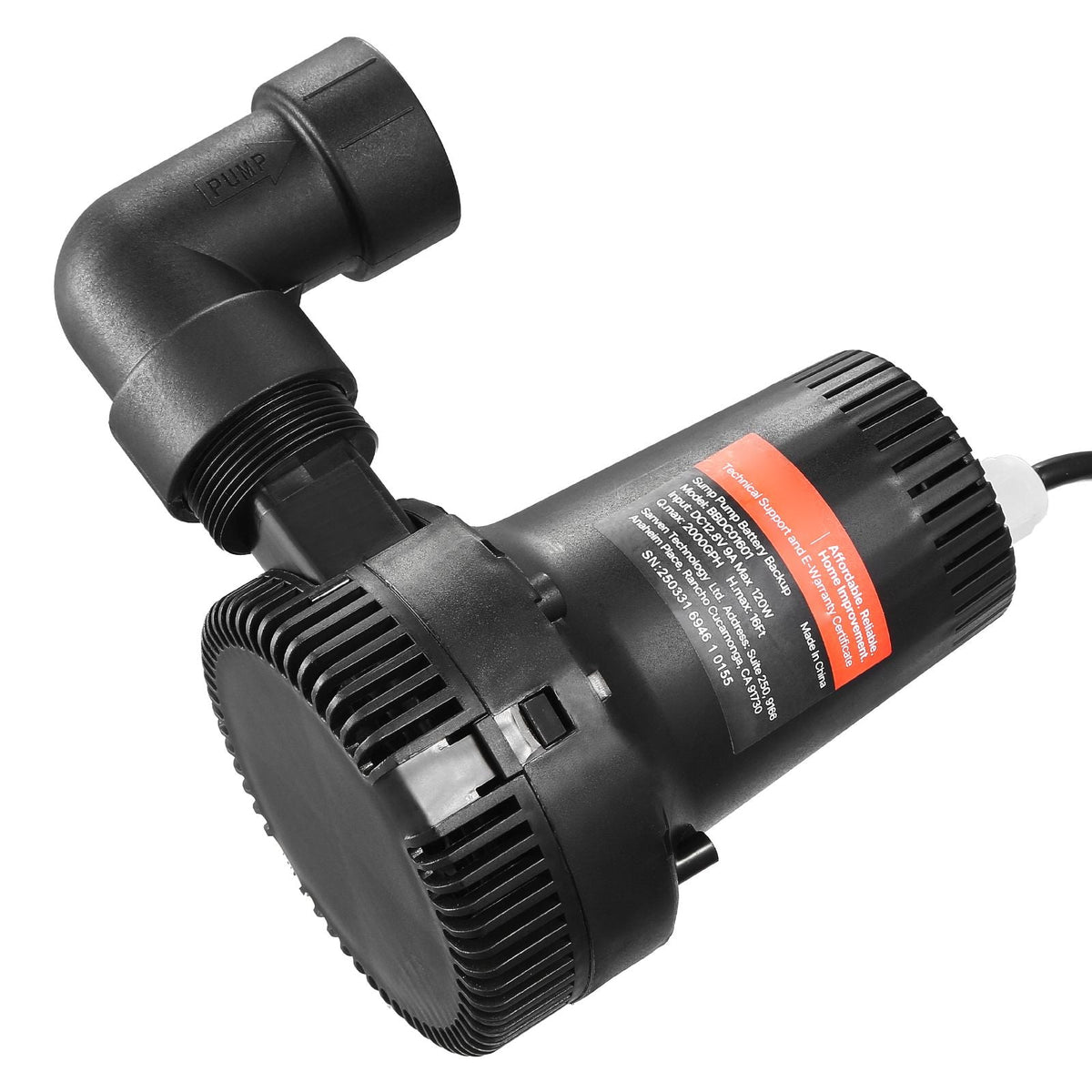 Basement Emergency Back-Up Sump Pump, 2000GPH 0.17 HP Backup Sump Pump System, with 15V Adapter, Float Switch, 24-Hour-a-Day Monitoring Controller, Alerts, and Charger, Black