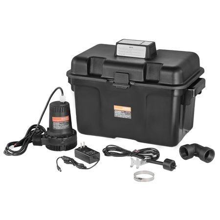 Basement Emergency Back-Up Sump Pump, 2000GPH 0.17 HP Backup Sump Pump System, with 15V Adapter, Float Switch, 24-Hour-a-Day Monitoring Controller, Alerts, and Charger, Black