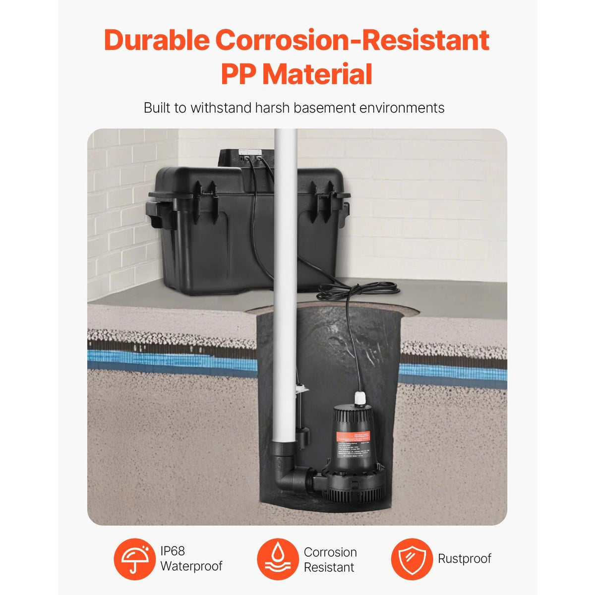 Basement Emergency Back-Up Sump Pump, 2000GPH 0.17 HP Backup Sump Pump System, with 15V Adapter, Float Switch, 24-Hour-a-Day Monitoring Controller, Alerts, and Charger, Black
