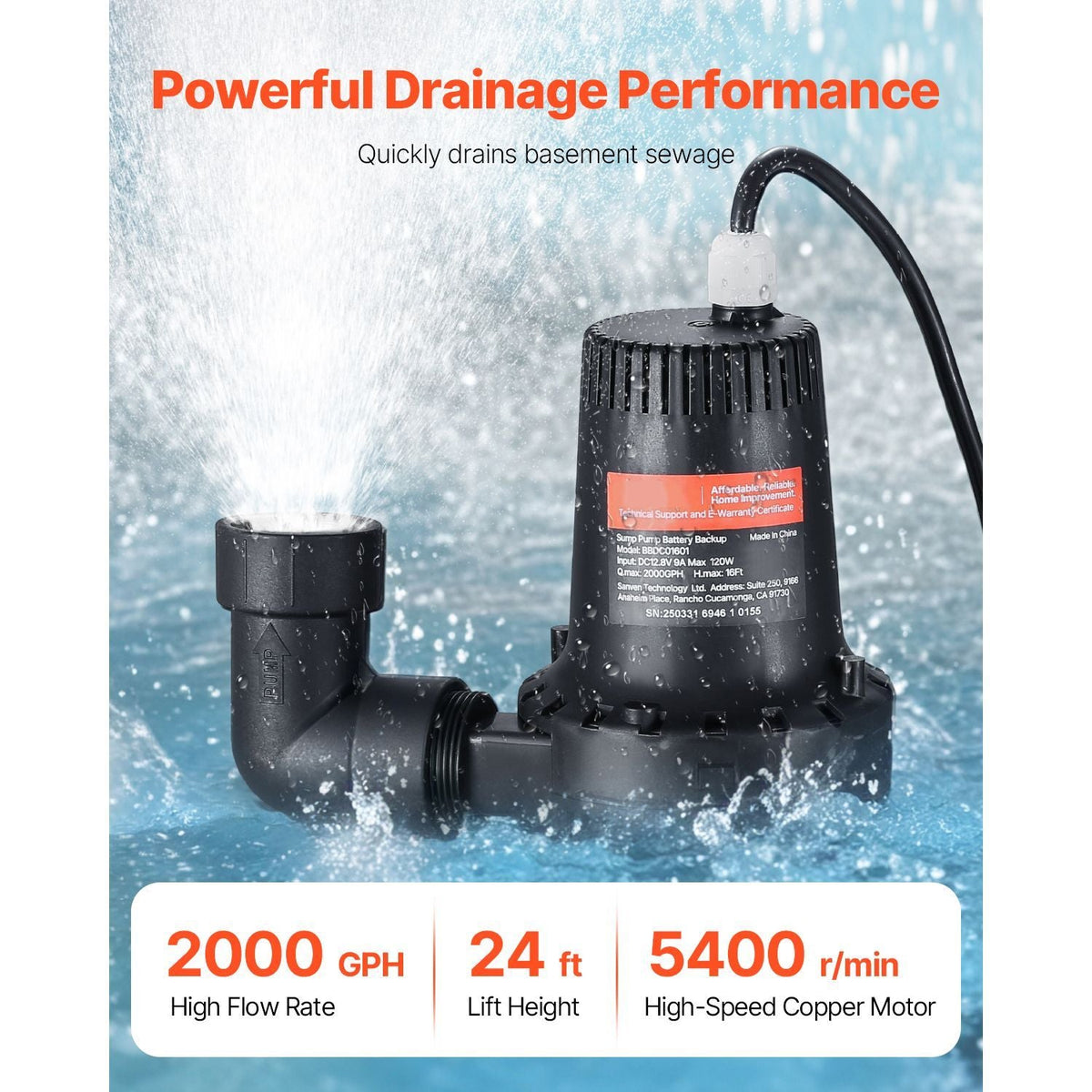 Basement Emergency Back-Up Sump Pump, 2000GPH 0.17 HP Backup Sump Pump System, with 15V Adapter, Float Switch, 24-Hour-a-Day Monitoring Controller, Alerts, and Charger, Black