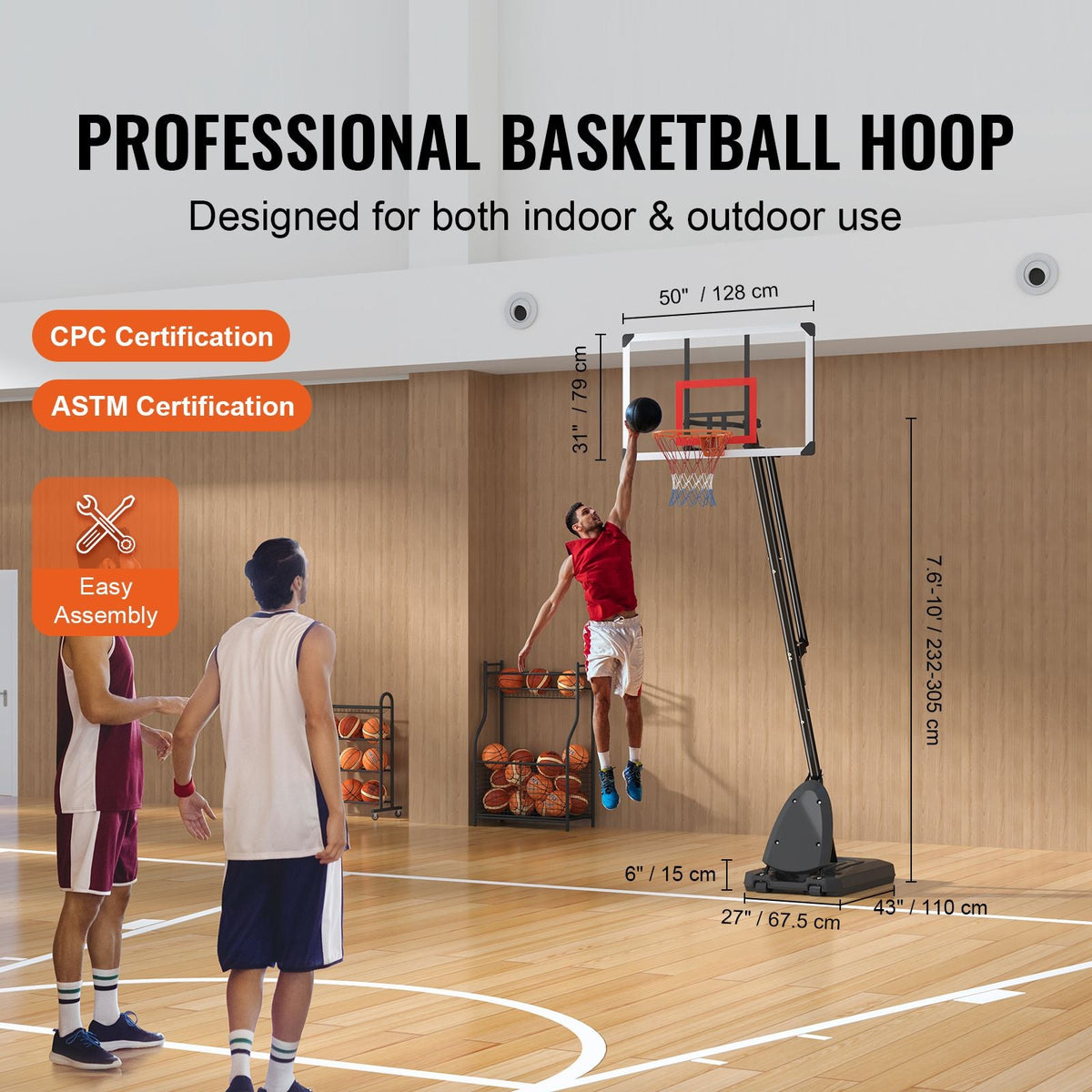 Basketball Hoop, 7.6-10 ft Adjustable Height Portable Backboard System, 50 inch Basketball Hoop & Goal, Kids & Adults Basketball Set with Wheels, Stand, and Fillable Base, for Outdoor/Indoor