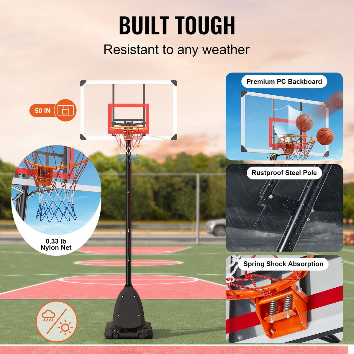 Basketball Hoop, 7.6-10 ft Adjustable Height Portable Backboard System, 50 inch Basketball Hoop & Goal, Kids & Adults Basketball Set with Wheels, Stand, and Fillable Base, for Outdoor/Indoor
