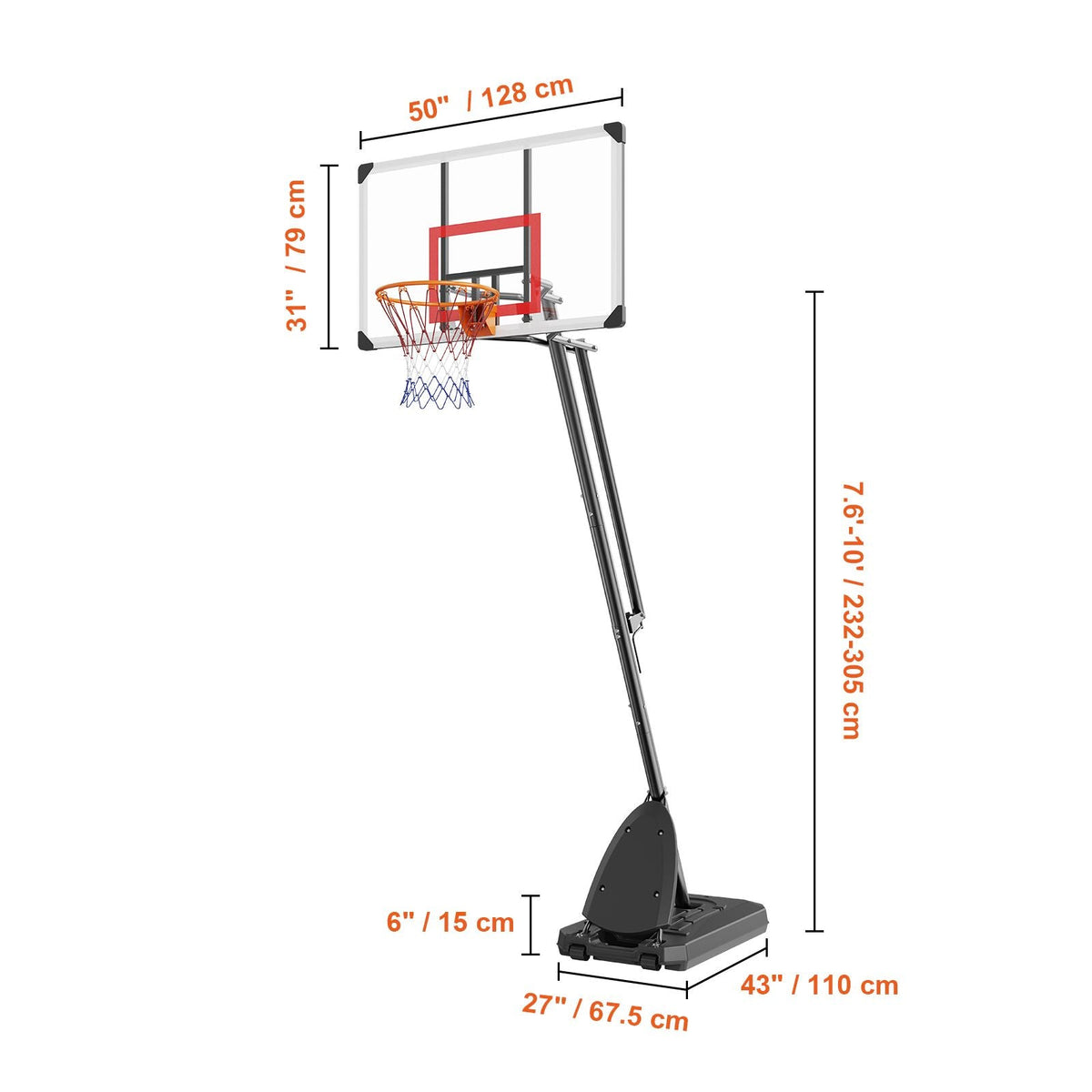 Basketball Hoop, 7.6-10 ft Adjustable Height Portable Backboard System, 50 inch Basketball Hoop & Goal, Kids & Adults Basketball Set with Wheels, Stand, and Fillable Base, for Outdoor/Indoor