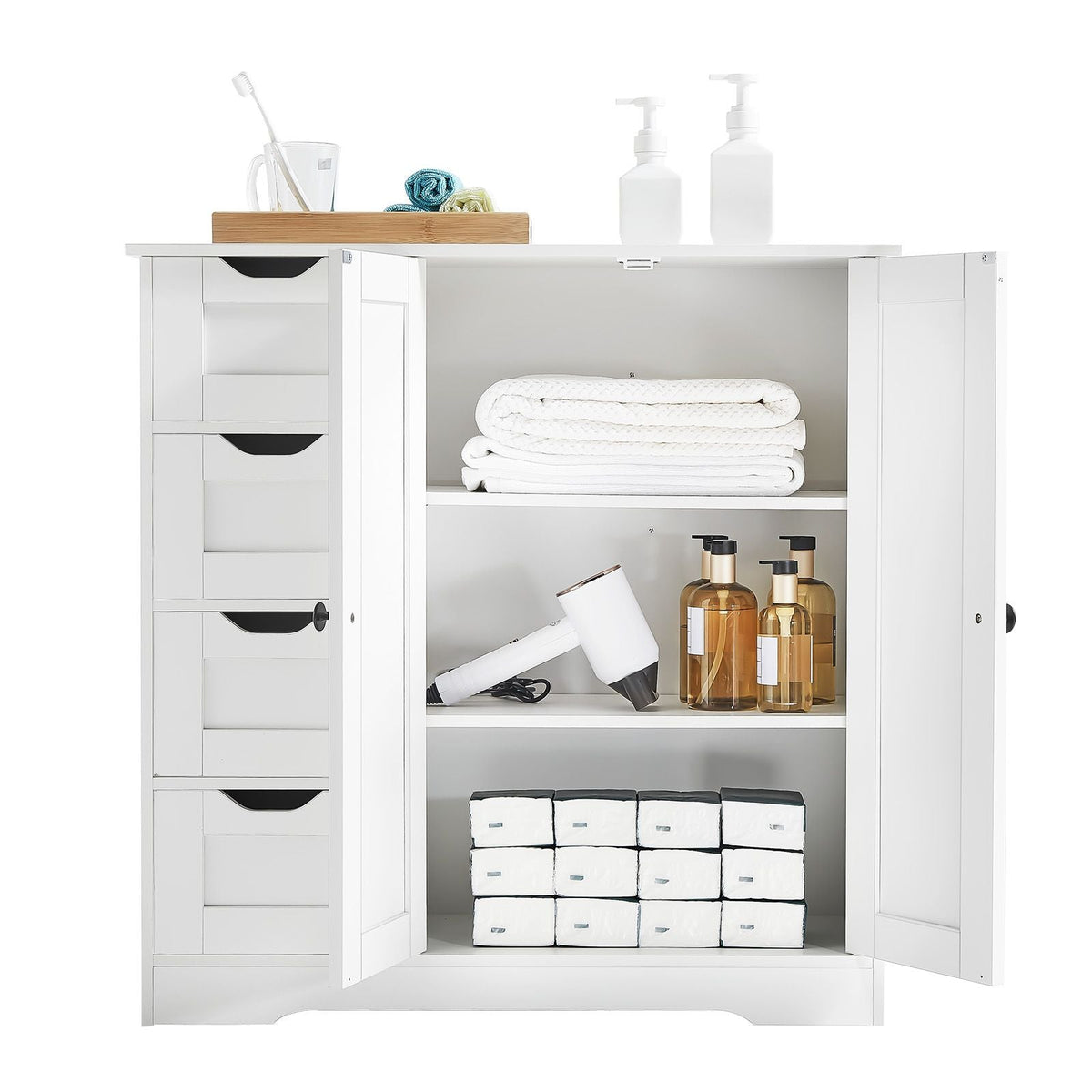 Bathroom Floor Cabinet, 3-Tier, Wooden Storage Organizer with 2 Doors, 4 Drawers and Adjustable Shelf, Modern Home Furniture Freestanding Cupboard for Kitchen/Living Room/Entryway Use, White