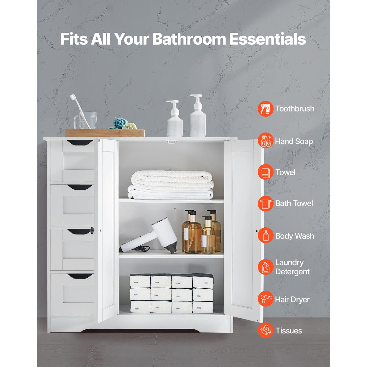 Bathroom Floor Cabinet, 3-Tier, Wooden Storage Organizer with 2 Doors, 4 Drawers and Adjustable Shelf, Modern Home Furniture Freestanding Cupboard for Kitchen/Living Room/Entryway Use, White