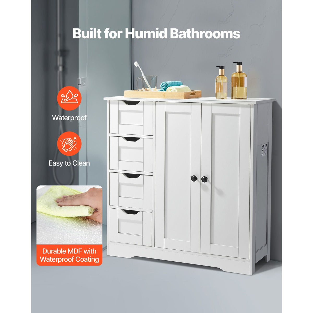Bathroom Floor Cabinet, 3-Tier, Wooden Storage Organizer with 2 Doors, 4 Drawers and Adjustable Shelf, Modern Home Furniture Freestanding Cupboard for Kitchen/Living Room/Entryway Use, White