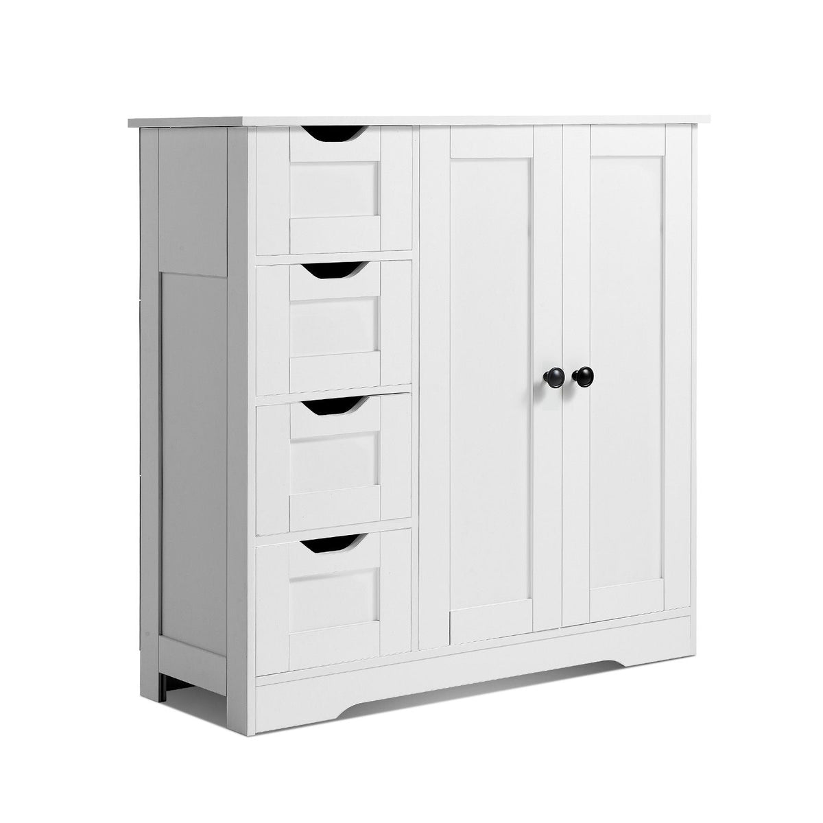 Bathroom Floor Cabinet, 3-Tier, Wooden Storage Organizer with 2 Doors, 4 Drawers and Adjustable Shelf, Modern Home Furniture Freestanding Cupboard for Kitchen/Living Room/Entryway Use, White