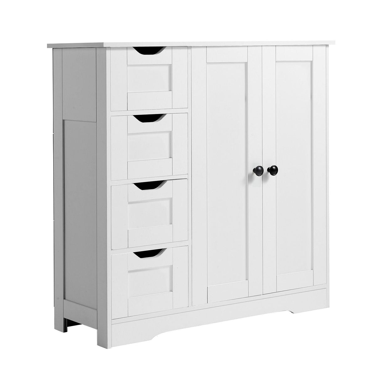 Bathroom Floor Cabinet, 3-Tier, Wooden Storage Organizer with 2 Doors, 4 Drawers and Adjustable Shelf, Modern Home Furniture Freestanding Cupboard for Kitchen/Living Room/Entryway Use, White