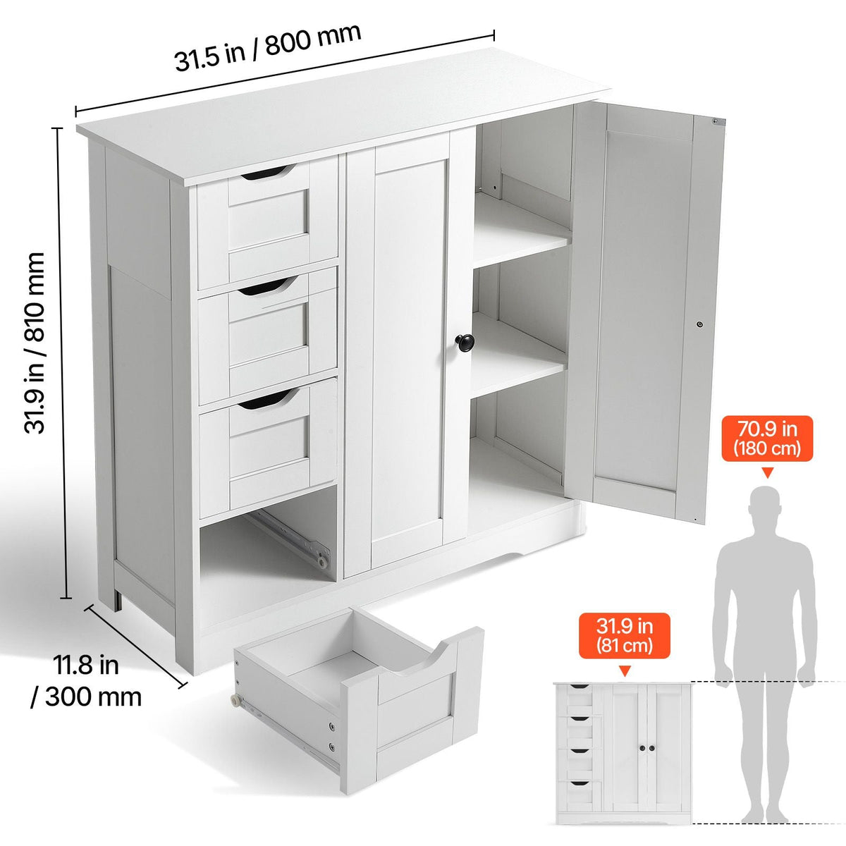 Bathroom Floor Cabinet, 3-Tier, Wooden Storage Organizer with 2 Doors, 4 Drawers and Adjustable Shelf, Modern Home Furniture Freestanding Cupboard for Kitchen/Living Room/Entryway Use, White