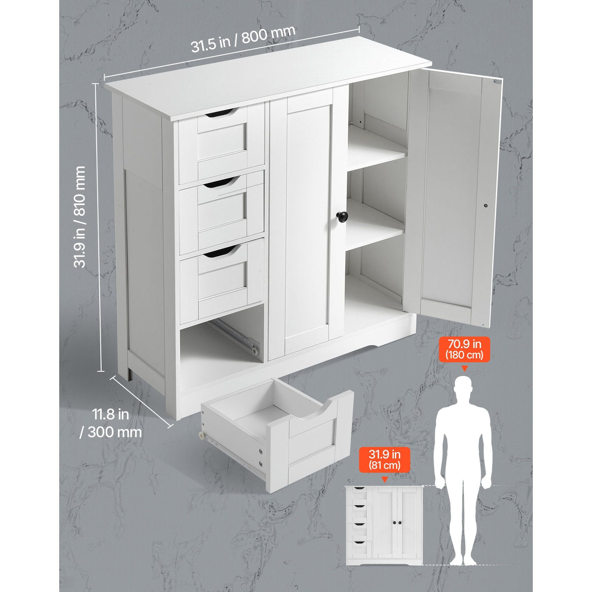 Bathroom Floor Cabinet, 3-Tier, Wooden Storage Organizer with 2 Doors, 4 Drawers and Adjustable Shelf, Modern Home Furniture Freestanding Cupboard for Kitchen/Living Room/Entryway Use, White