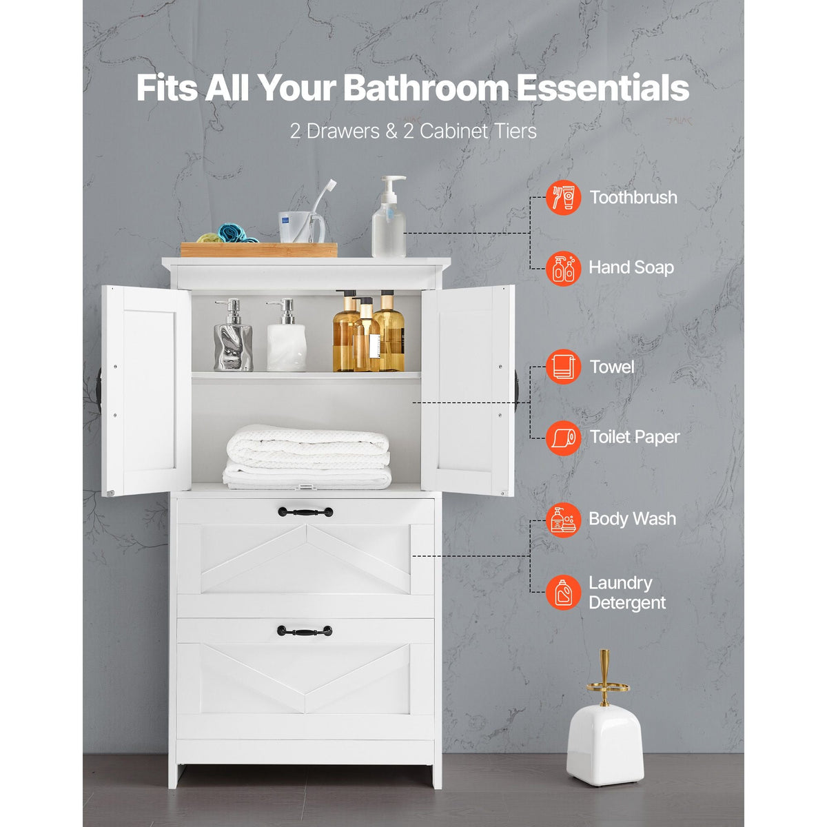 Bathroom Floor Cabinet, 4-Tier, Wooden Storage Organizer with 2 Doors, 2 Drawers and Adjustable Shelf, Modern Home Furniture Freestanding Cupboard for Kitchen/Living Room/Entryway Use, White