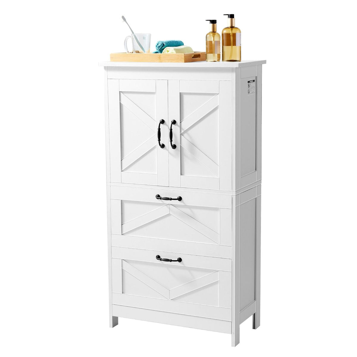Bathroom Floor Cabinet, 4-Tier, Wooden Storage Organizer with 2 Doors, 2 Drawers and Adjustable Shelf, Modern Home Furniture Freestanding Cupboard for Kitchen/Living Room/Entryway Use, White