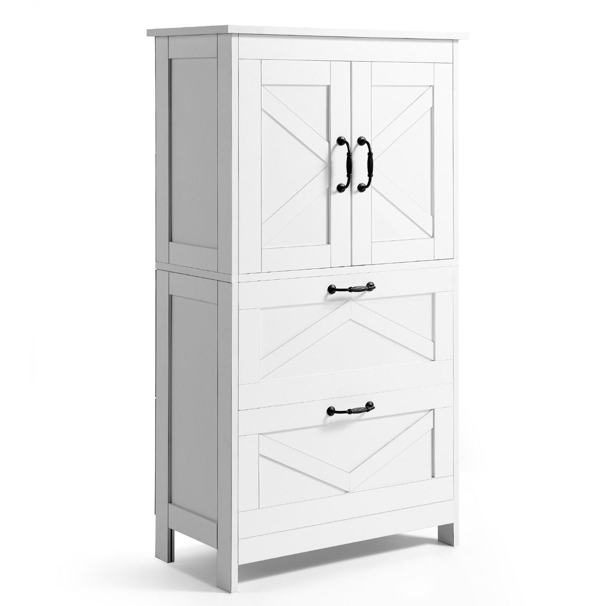 Bathroom Floor Cabinet, 4-Tier, Wooden Storage Organizer with 2 Doors, 2 Drawers and Adjustable Shelf, Modern Home Furniture Freestanding Cupboard for Kitchen/Living Room/Entryway Use, White