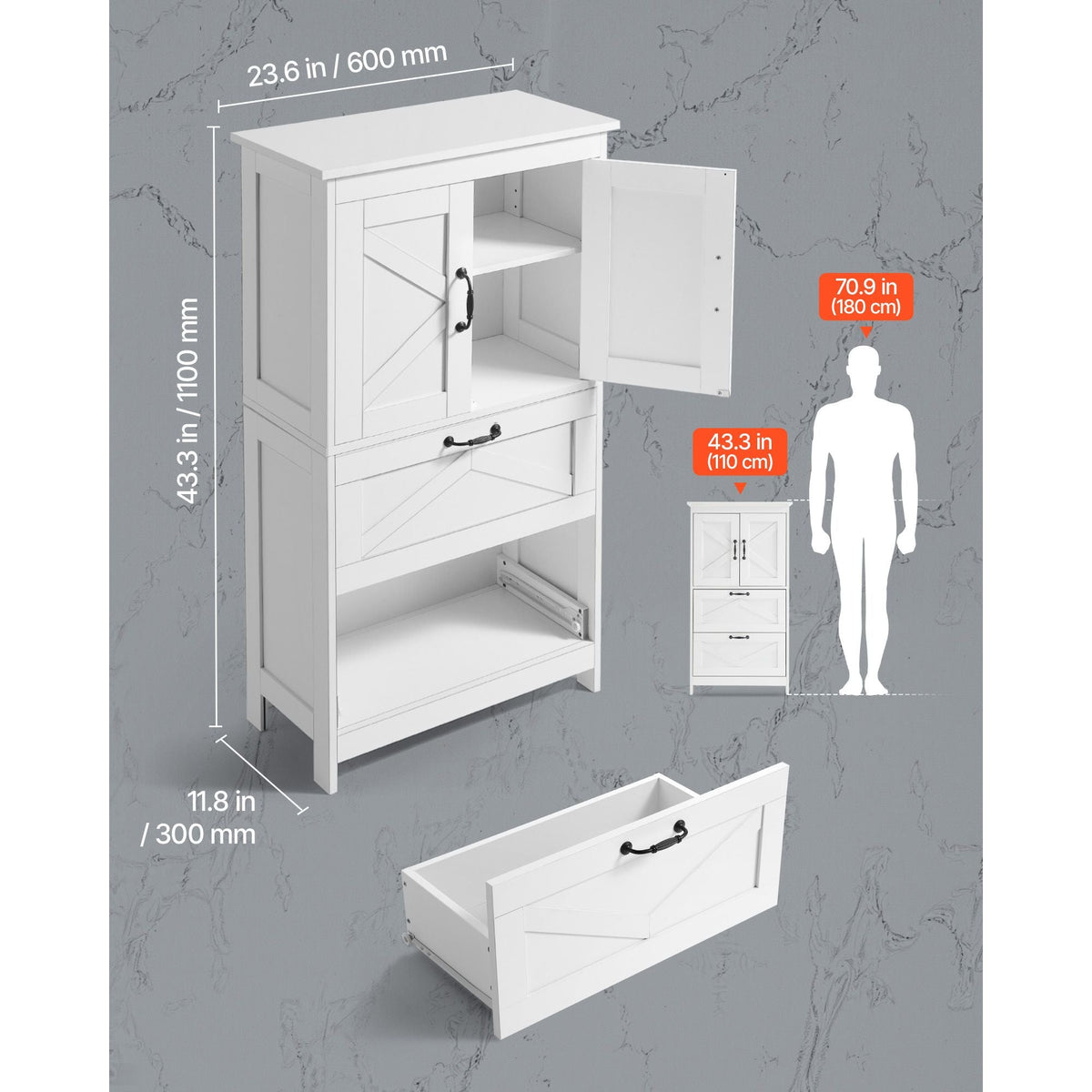 Bathroom Floor Cabinet, 4-Tier, Wooden Storage Organizer with 2 Doors, 2 Drawers and Adjustable Shelf, Modern Home Furniture Freestanding Cupboard for Kitchen/Living Room/Entryway Use, White