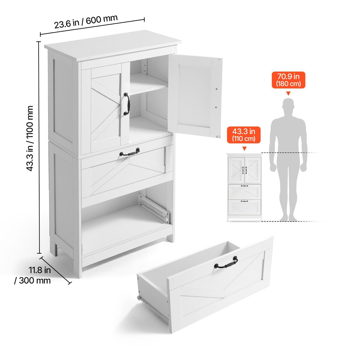 Bathroom Floor Cabinet, 4-Tier, Wooden Storage Organizer with 2 Doors, 2 Drawers and Adjustable Shelf, Modern Home Furniture Freestanding Cupboard for Kitchen/Living Room/Entryway Use, White