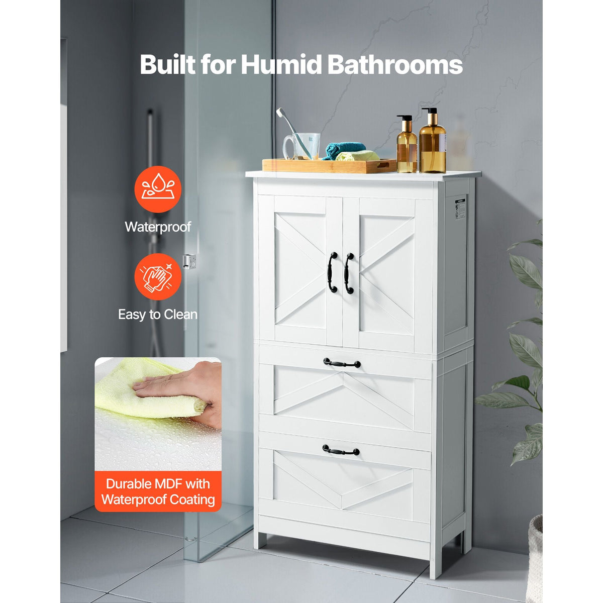 Bathroom Floor Cabinet, 4-Tier, Wooden Storage Organizer with 2 Doors, 2 Drawers and Adjustable Shelf, Modern Home Furniture Freestanding Cupboard for Kitchen/Living Room/Entryway Use, White