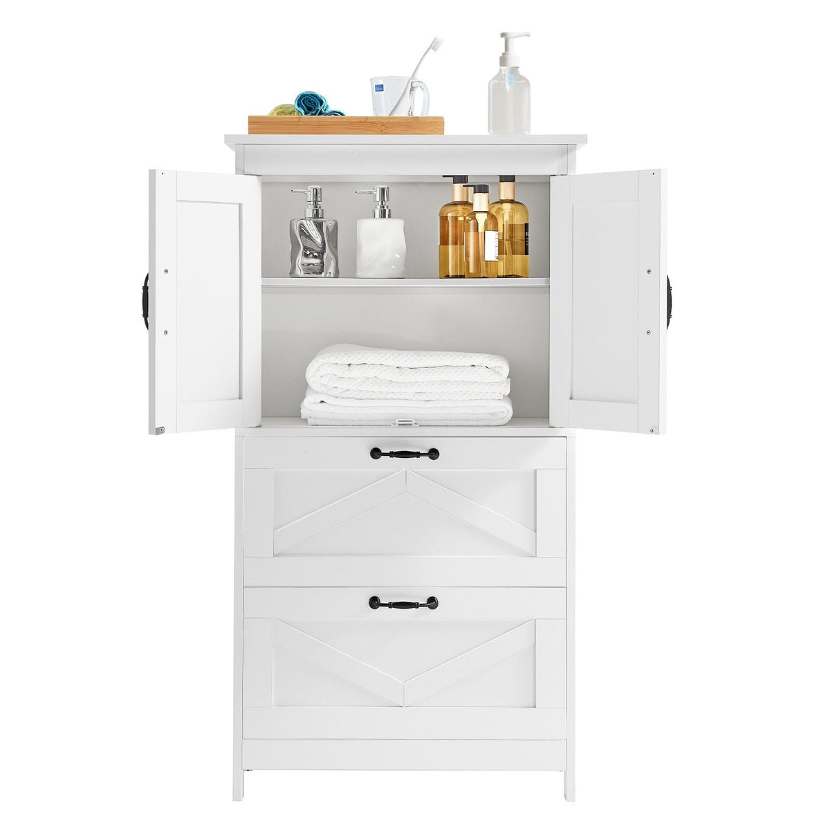 Bathroom Floor Cabinet, 4-Tier, Wooden Storage Organizer with 2 Doors, 2 Drawers and Adjustable Shelf, Modern Home Furniture Freestanding Cupboard for Kitchen/Living Room/Entryway Use, White