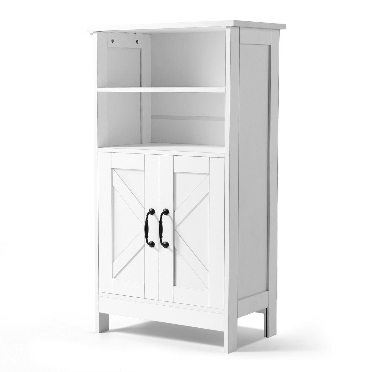 Bathroom Floor Cabinet, 4-Tier, Wooden Storage Organizer with 2 Doors and Adjustable Shelf, Modern Bathroom Furniture Home Decor Freestanding Cupboard for Kitchen/Living Room/Entryway Use, White
