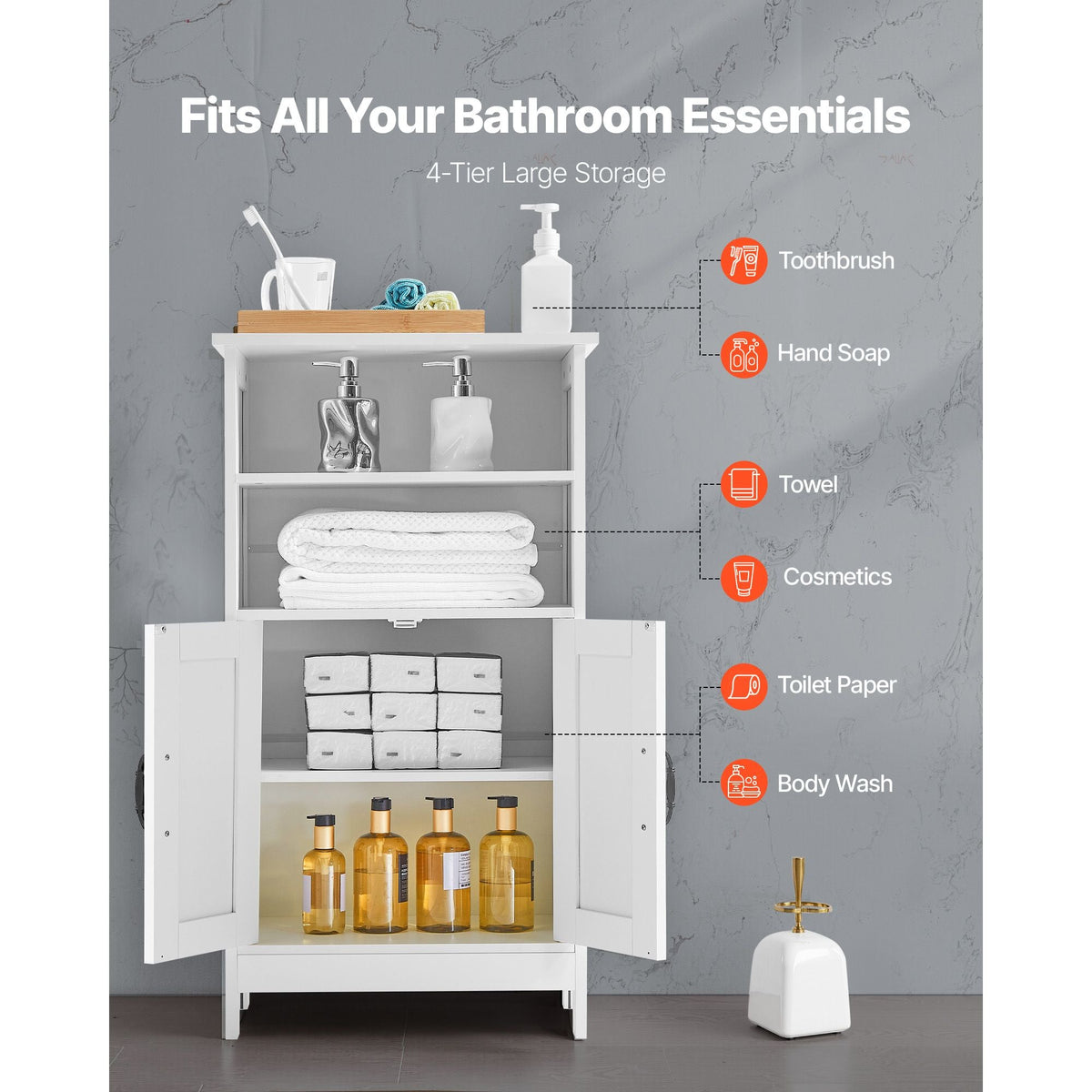 Bathroom Floor Cabinet, 4-Tier, Wooden Storage Organizer with 2 Doors and Adjustable Shelf, Modern Bathroom Furniture Home Decor Freestanding Cupboard for Kitchen/Living Room/Entryway Use, White