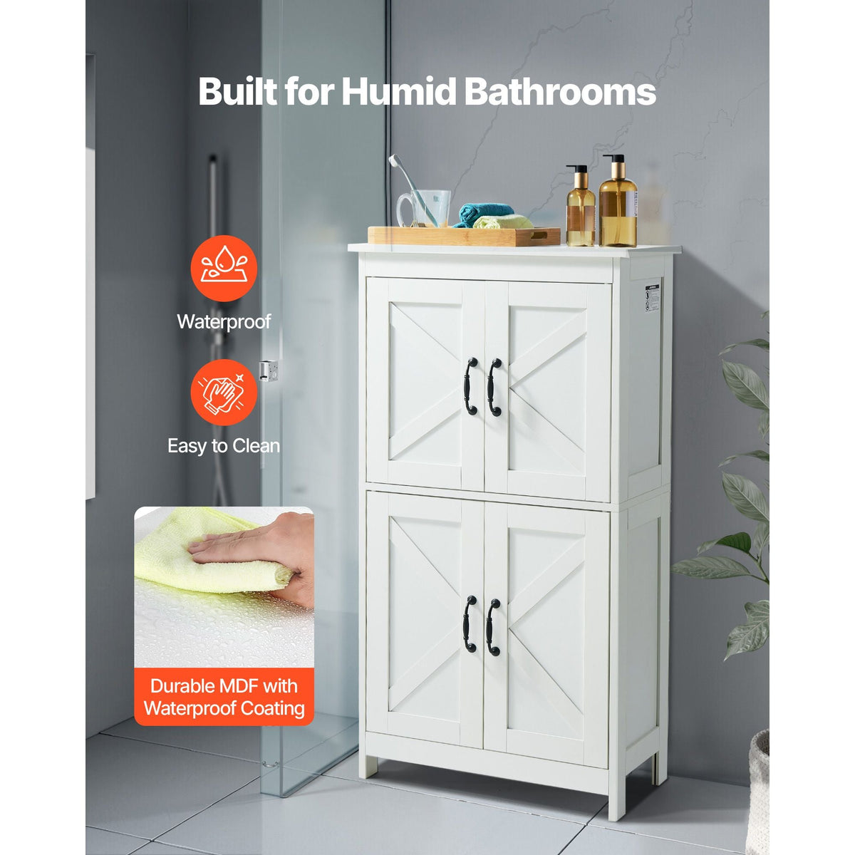Bathroom Floor Cabinet, 4-Tier, Wooden Storage Organizer with 4 Doors and Adjustable Shelf, Modern Bathroom Furniture Home Decor Freestanding Cupboard for Kitchen/Living Room/Entryway Use, White