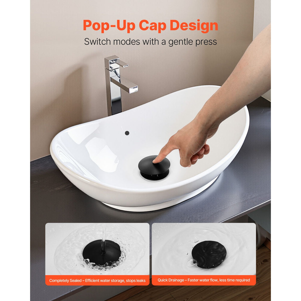 Bathroom Sink Drain with Overflow, Brass and 304 Stainless Steel Pop Up Drains, Anti-Clogging Vessel Sink Drain Strainer, All Metal Hair Catcher Drains Stopper, for Sinks with Overflow Holes