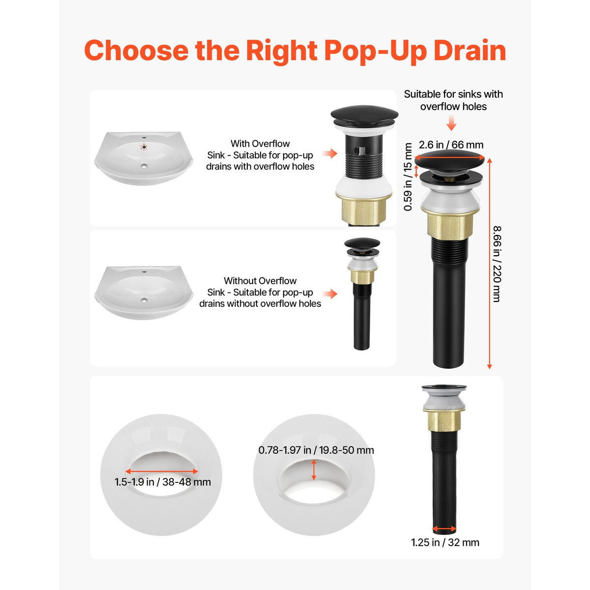 Bathroom Sink Drain with Overflow, Brass and 304 Stainless Steel Pop Up Drains, Anti-Clogging Vessel Sink Drain Strainer, All Metal Hair Catcher Drains Stopper, for Sinks with Overflow Holes