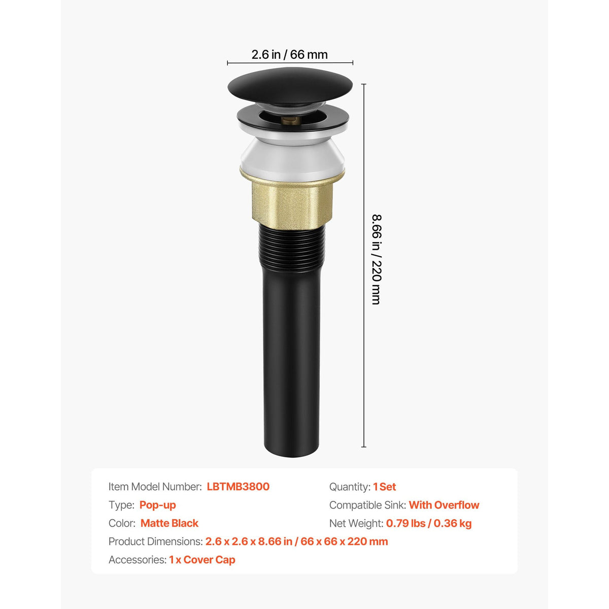 Bathroom Sink Drain with Overflow, Brass and 304 Stainless Steel Pop Up Drains, Anti-Clogging Vessel Sink Drain Strainer, All Metal Hair Catcher Drains Stopper, for Sinks with Overflow Holes