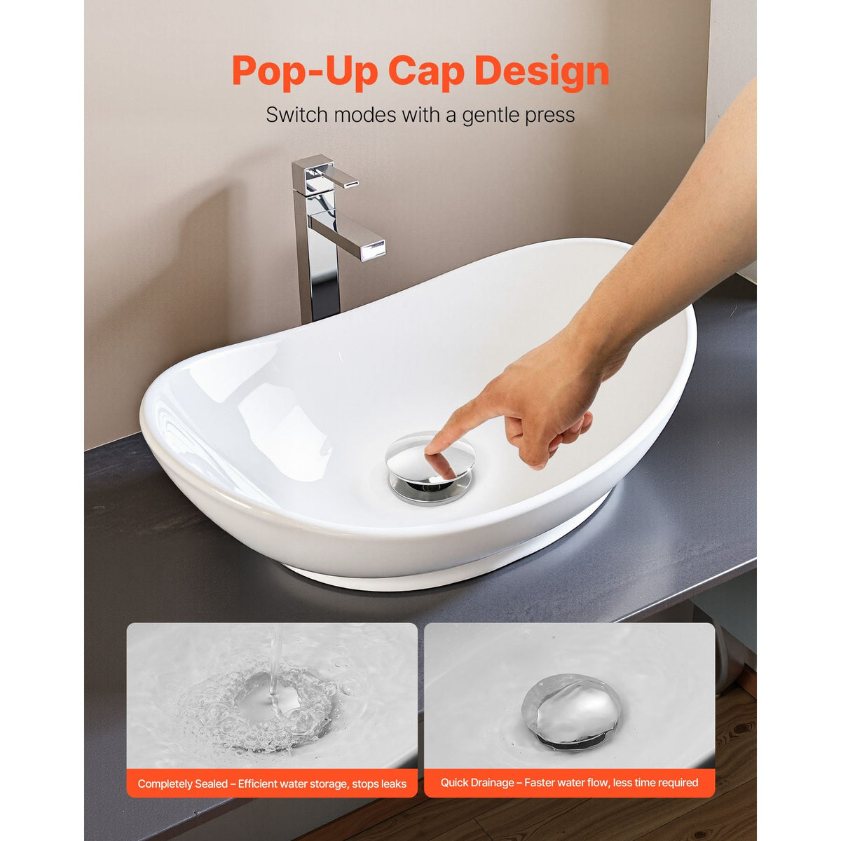 Bathroom Sink Drain Without Overflow, Brass and 304 Stainless Steel Pop Up Drains, Anti-Clogging Vessel Drain Strainer, All Metal Hair Catcher Drains Stopper, for Sinks Without Overflow Holes