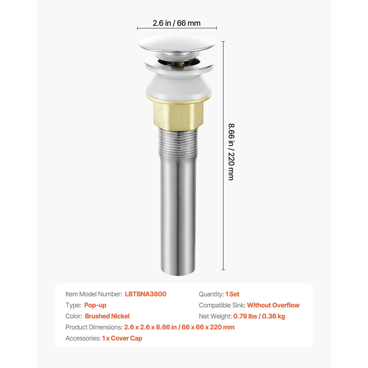Bathroom Sink Drain Without Overflow, Brass and 304 Stainless Steel Pop Up Drains, Anti-Clogging Vessel Drain Strainer, All Metal Hair Catcher Drains Stopper, for Sinks Without Overflow Holes