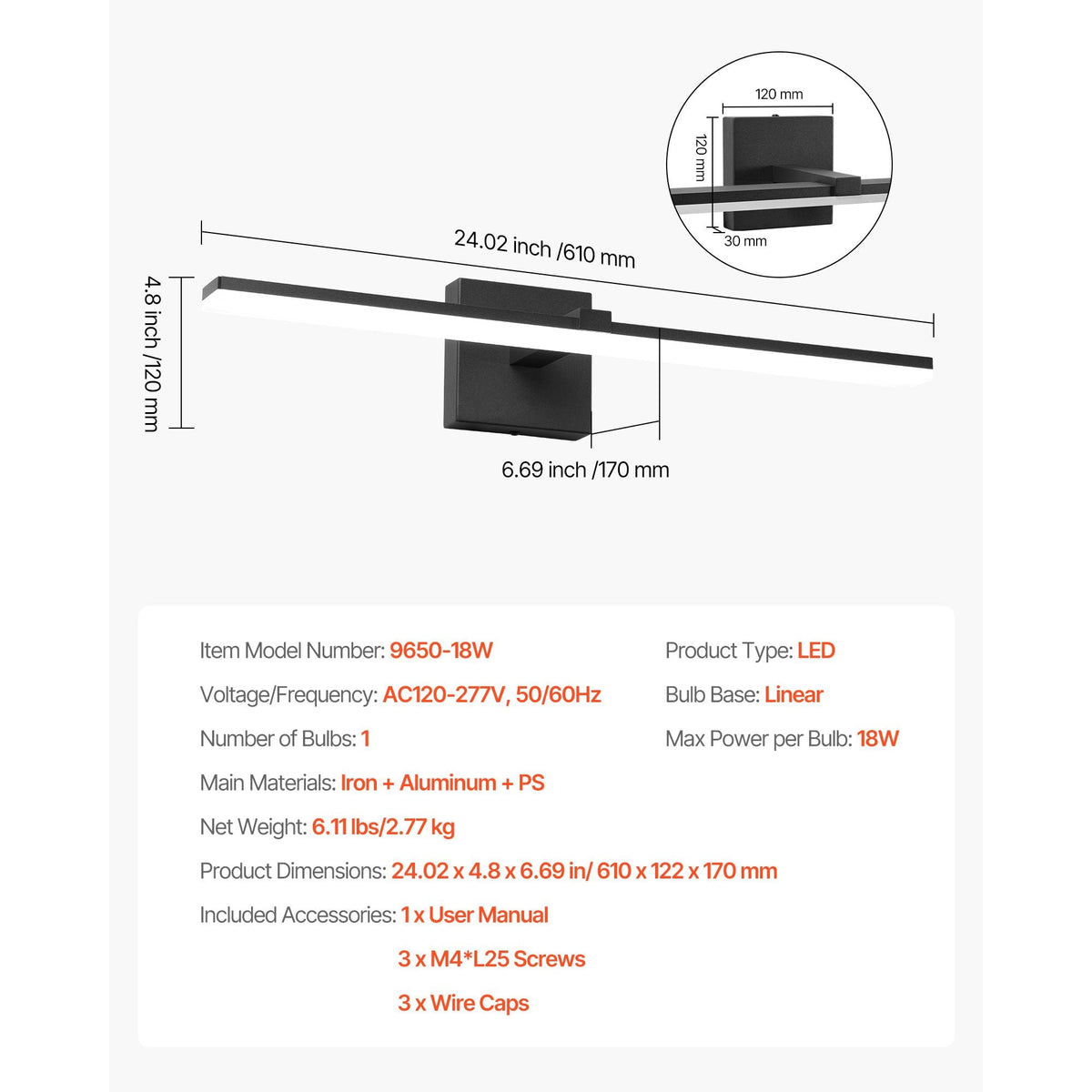 Bathroom Vanity Light Bar, 24.02-Inch, LED Modern Light Fixture Over Mirror, with 360° Rotatable, IP44 Waterproof, 18W, 6000K, Wall Lighting for Bathroom, Living Room, Bedroom, Hallway, Black