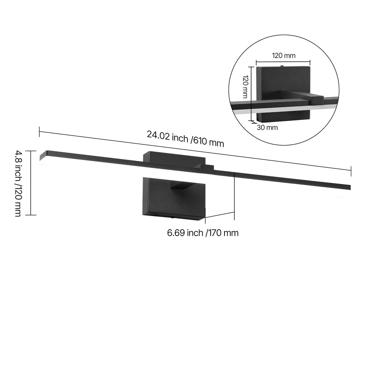 Bathroom Vanity Light Bar, 24.02-Inch, LED Modern Light Fixture Over Mirror, with 360° Rotatable, IP44 Waterproof, 18W, 6000K, Wall Lighting for Bathroom, Living Room, Bedroom, Hallway, Black