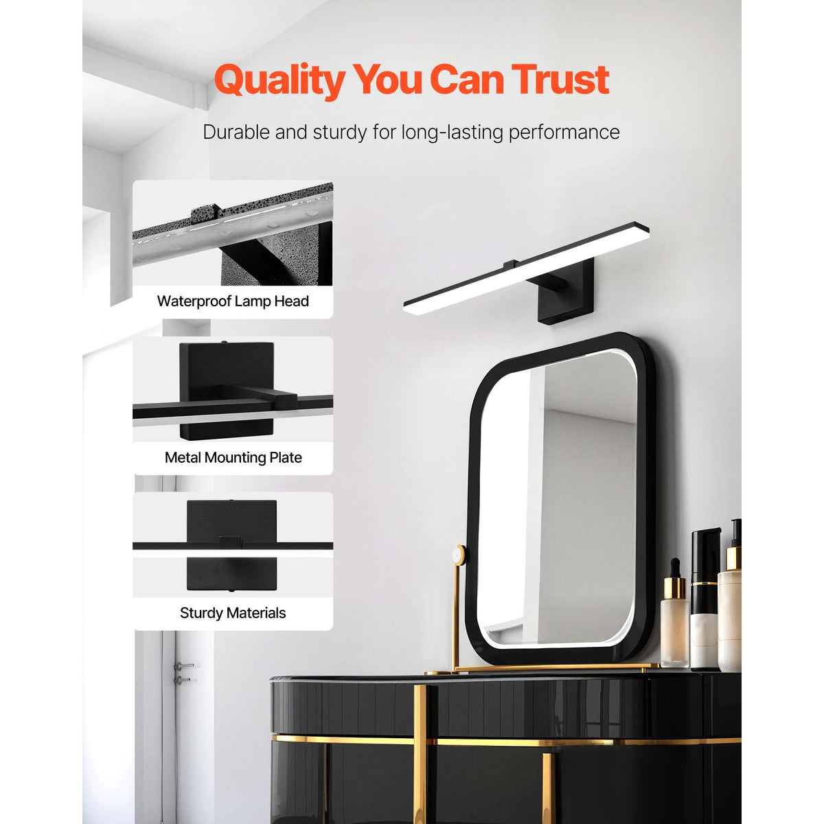 Bathroom Vanity Light Bar, 24.02-Inch, LED Modern Light Fixture Over Mirror, with 360° Rotatable, IP44 Waterproof, 18W, 6000K, Wall Lighting for Bathroom, Living Room, Bedroom, Hallway, Black
