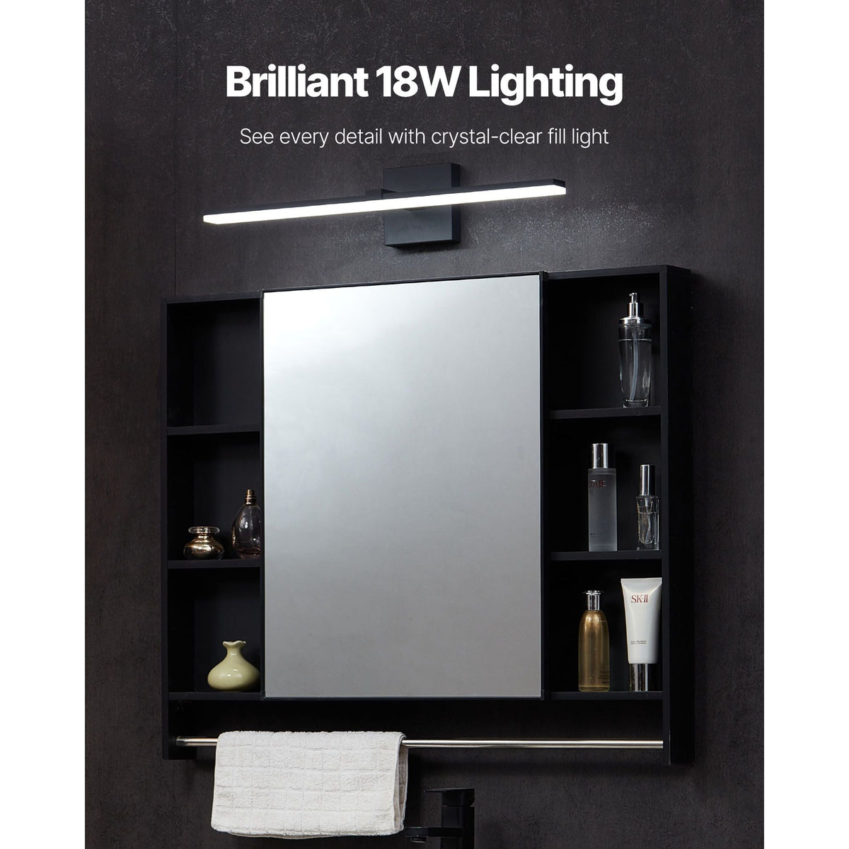 Bathroom Vanity Light Bar, 24.02-Inch, LED Modern Light Fixture Over Mirror, with 360° Rotatable, IP44 Waterproof, 18W, 6000K, Wall Lighting for Bathroom, Living Room, Bedroom, Hallway, Black