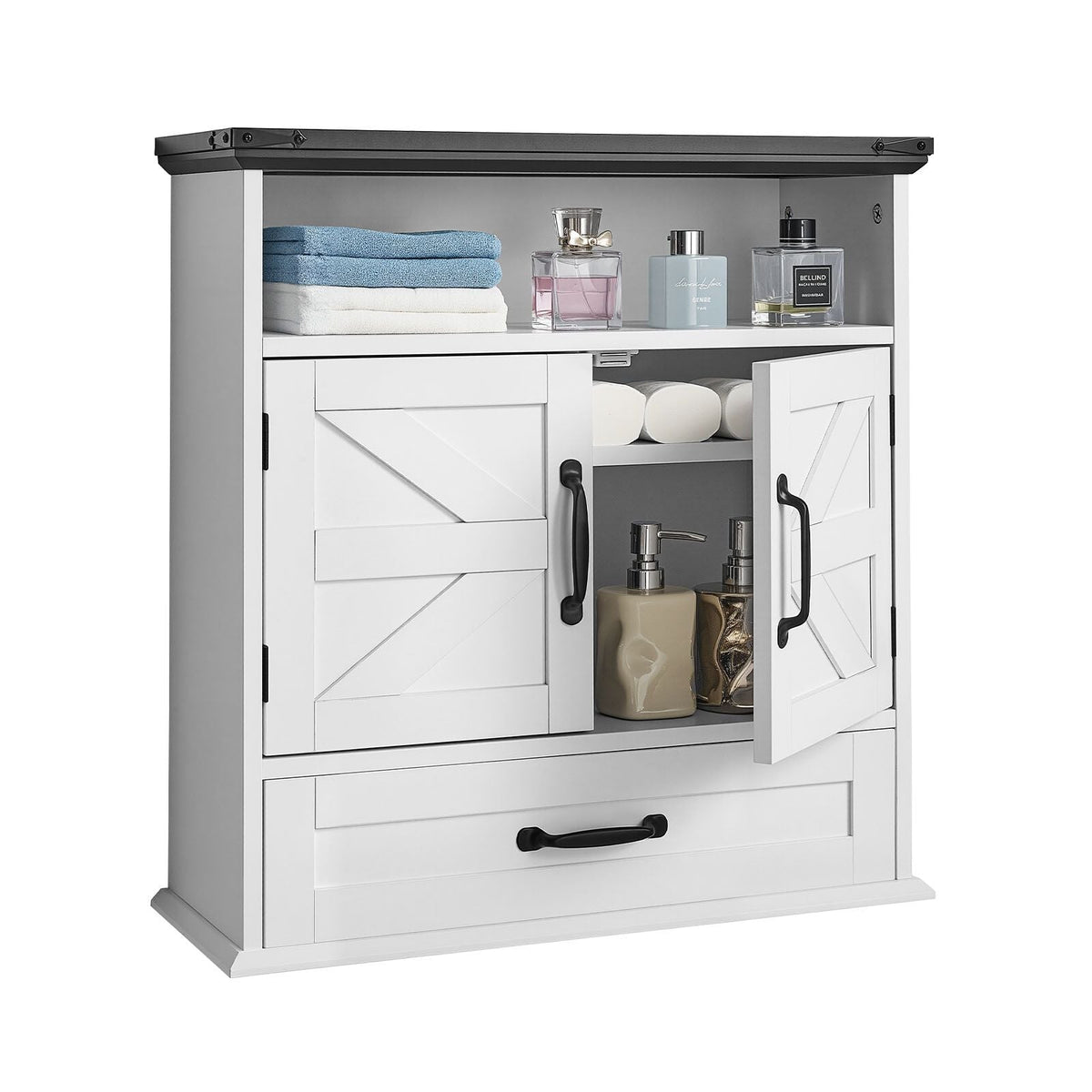 Bathroom Wall Cabinet, 2 Doors & Adjustable Shelf, Over the Toilet Storage Medicine Cabinet Wall Mounted, Hanging Organizer with Drawer & Open Partition for Laundry Room Kitchen Restroom, White