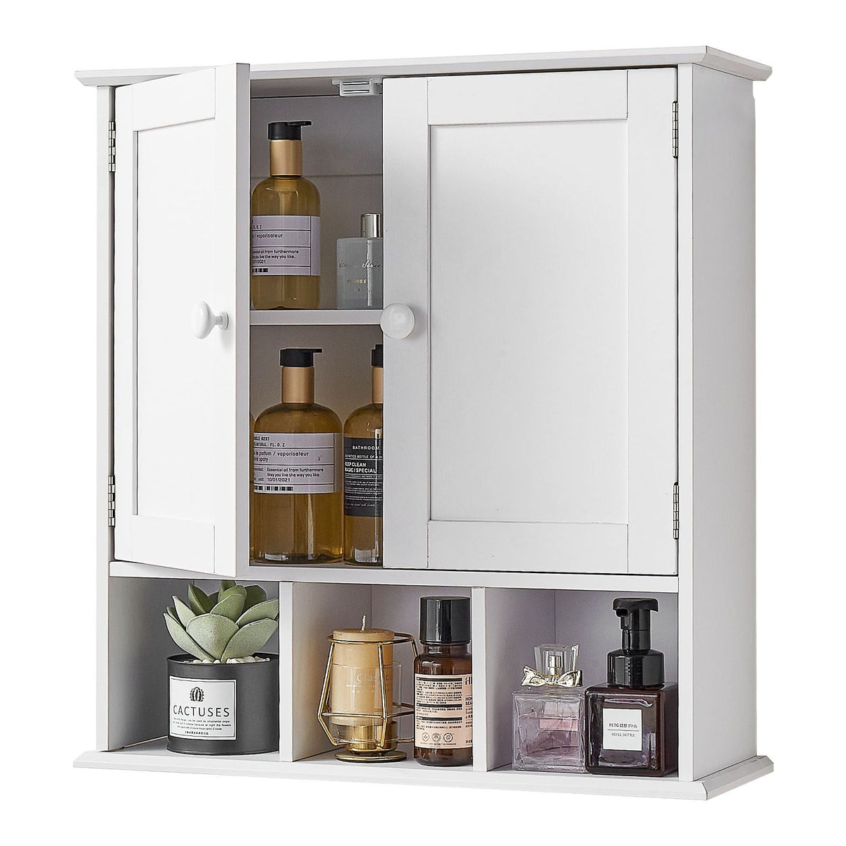 Bathroom Wall Cabinet, 2 Doors & Adjustable Shelf, Over the Toilet Storage Medicine Cabinet Wall Mounted, Hanging Organizer with Shelves & Open Partition for Laundry Room Kitchen Restroom, White