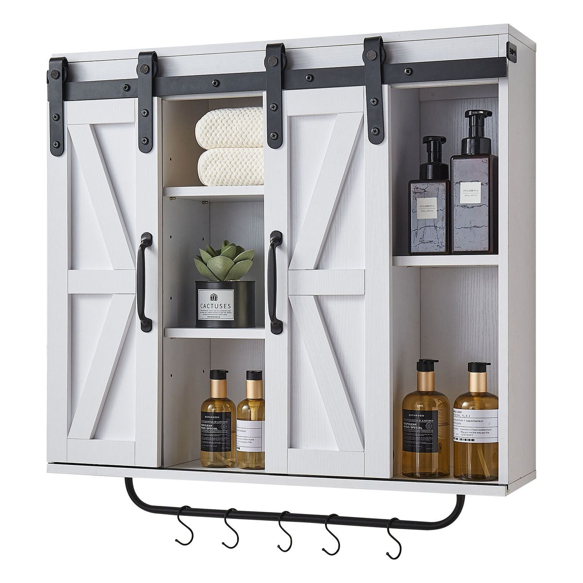 Bathroom Wall Cabinet, 2 Doors and Adjustable Shelf, Over the Toilet Storage Medicine Cabinet Wall Mounted, Hanging Organizer with Open Partition/Towel Bar/Hooks for Laundry Room Kitchen, White