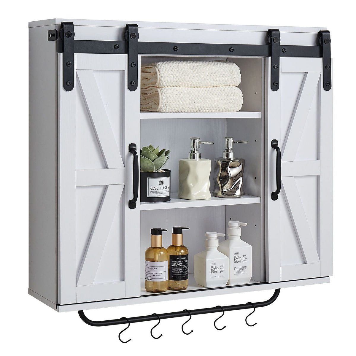 Bathroom Wall Cabinet, 2 Doors and Adjustable Shelf, Over the Toilet Storage Medicine Cabinet Wall Mounted, Hanging Organizer with Open Partition/Towel Bar/Hooks for Laundry Room Kitchen, White
