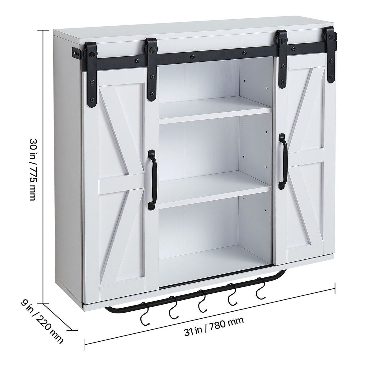 Bathroom Wall Cabinet, 2 Doors and Adjustable Shelf, Over the Toilet Storage Medicine Cabinet Wall Mounted, Hanging Organizer with Open Partition/Towel Bar/Hooks for Laundry Room Kitchen, White