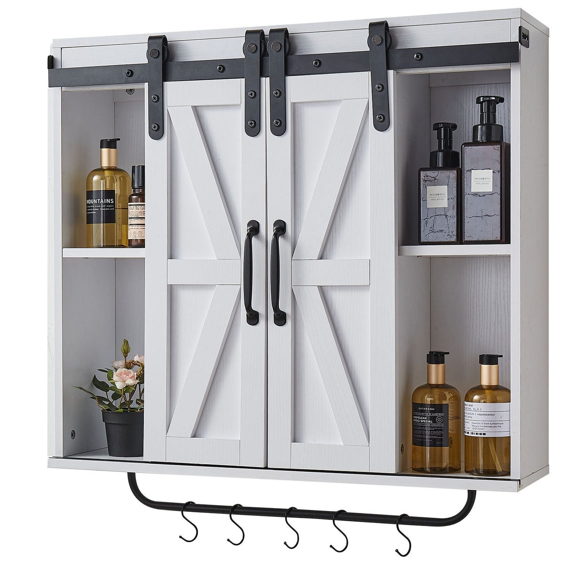 Bathroom Wall Cabinet, 2 Doors and Adjustable Shelf, Over the Toilet Storage Medicine Cabinet Wall Mounted, Hanging Organizer with Open Partition/Towel Bar/Hooks for Laundry Room Kitchen, White