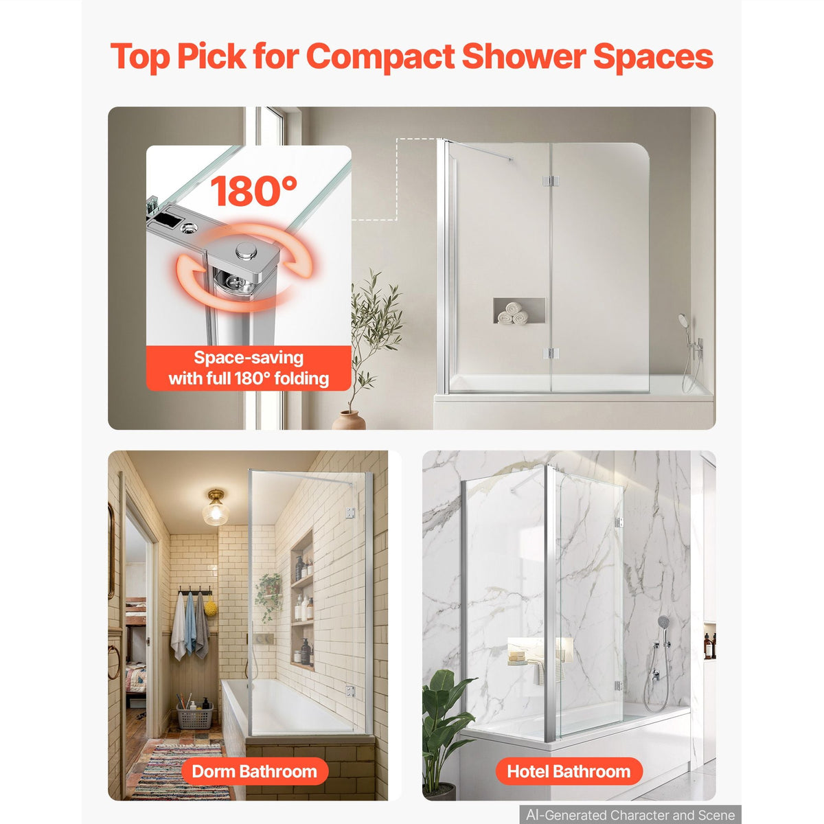 Bathtub Shower Door 27.5"/47"W x 55"H Semi-Frameless Bi-Fold Tub Door, 1/4" Clear Tempered Glass, Easy-Clean Nano Coating, 180° Folding, 1 Fixed and 2 Foldable Panels, for Bathroom Tub, Silver