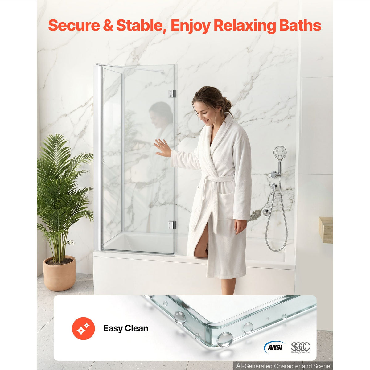 Bathtub Shower Door 27.5"/47"W x 55"H Semi-Frameless Bi-Fold Tub Door, 1/4" Clear Tempered Glass, Easy-Clean Nano Coating, 180° Folding, 1 Fixed and 2 Foldable Panels, for Bathroom Tub, Silver