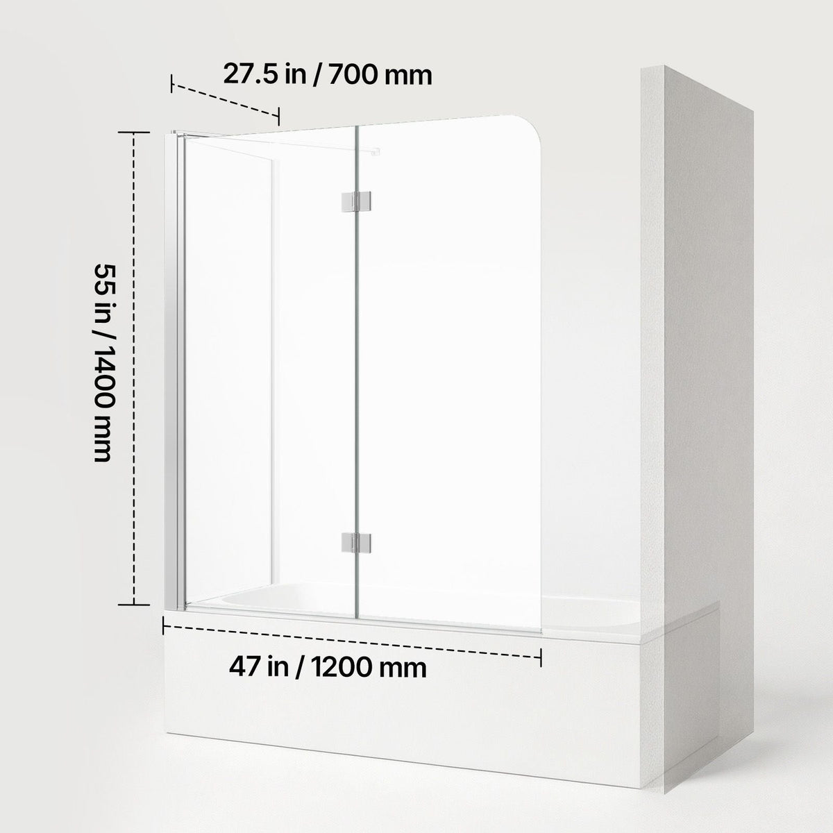 Bathtub Shower Door 27.5"/47"W x 55"H Semi-Frameless Bi-Fold Tub Door, 1/4" Clear Tempered Glass, Easy-Clean Nano Coating, 180° Folding, 1 Fixed and 2 Foldable Panels, for Bathroom Tub, Silver