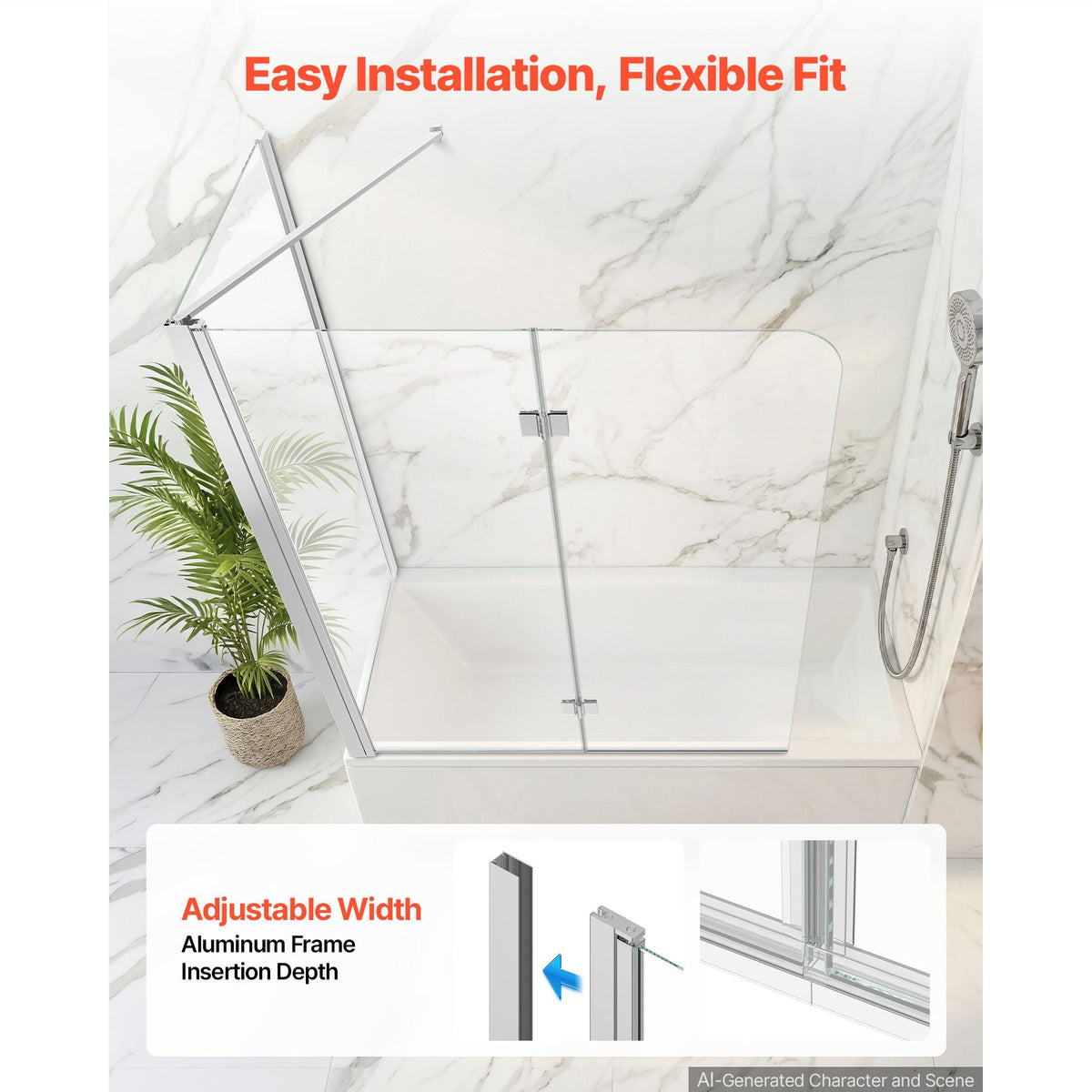 Bathtub Shower Door 27.5"/47"W x 55"H Semi-Frameless Bi-Fold Tub Door, 1/4" Clear Tempered Glass, Easy-Clean Nano Coating, 180° Folding, 1 Fixed and 2 Foldable Panels, for Bathroom Tub, Silver