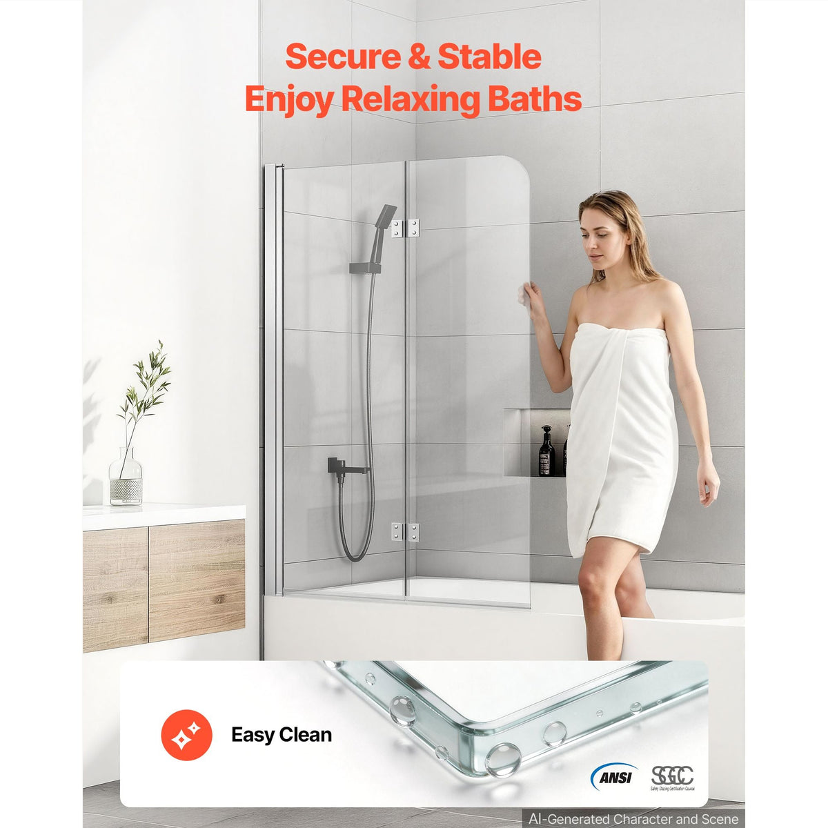 Bathtub Shower Door 47" W x 55" H Semi-Frameless Bi-Fold Tub Door, 1/4" Clear Tempered Glass, Easy-Clean Nano Coating, 180° Folding, Adjustable Sealing Strip, for Home Bathroom Tub, Silver