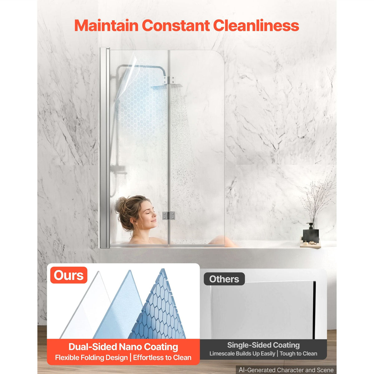 Bathtub Shower Door 47" W x 55" H Semi-Frameless Bi-Fold Tub Door, 1/4" Clear Tempered Glass, Easy-Clean Nano Coating, 180° Folding, Adjustable Sealing Strip, for Home Bathroom Tub, Silver