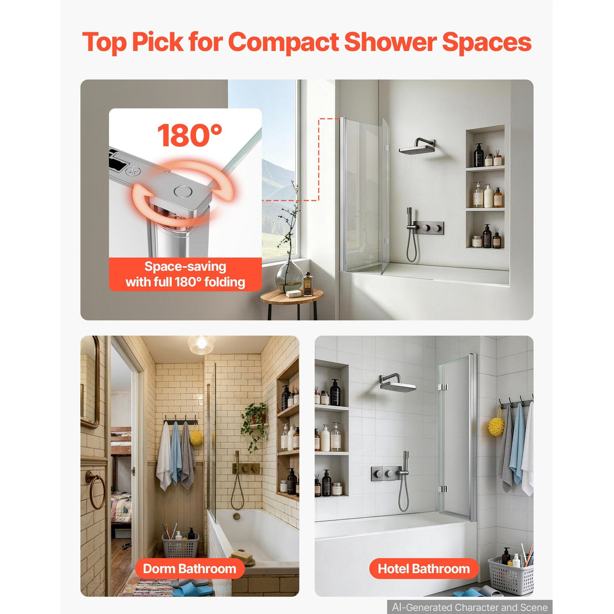 Bathtub Shower Door 47" W x 55" H Semi-Frameless Bi-Fold Tub Door, 1/4" Clear Tempered Glass, Easy-Clean Nano Coating, 180° Folding, Adjustable Sealing Strip, for Home Bathroom Tub, Silver